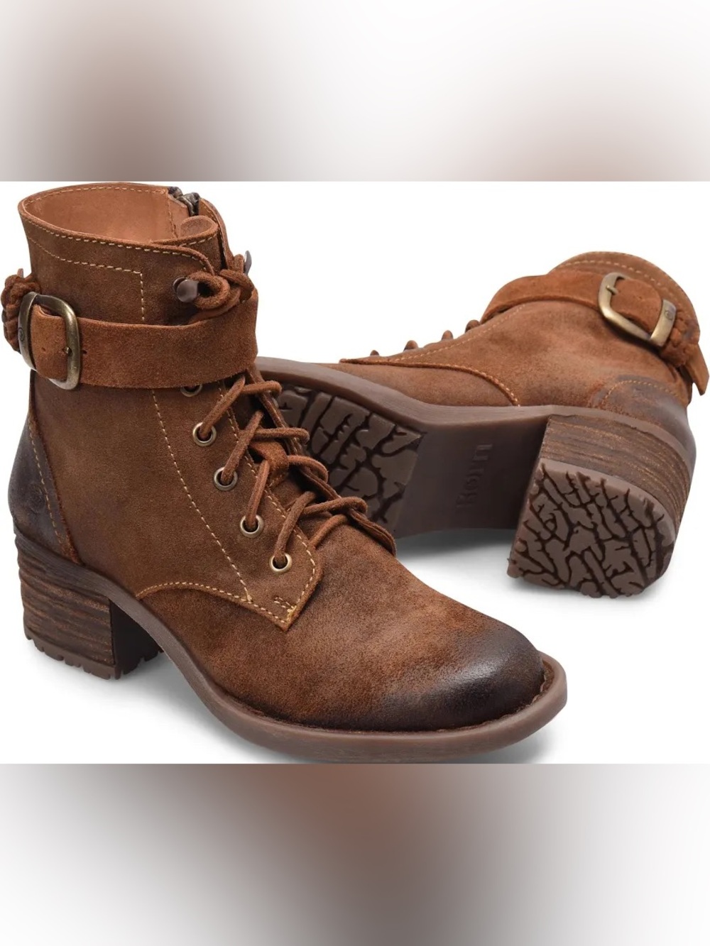 Born Brown Distressed Suede MOHAVE Lace-Up Ankle Boots with Buckle - Size 8 M